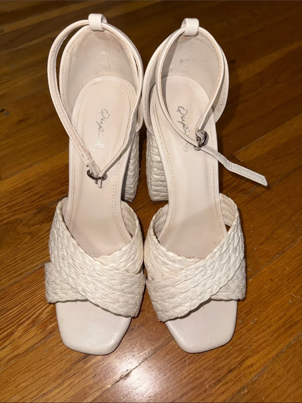 Qupid Cream Braided Wedge Sandals with Ankle Strap